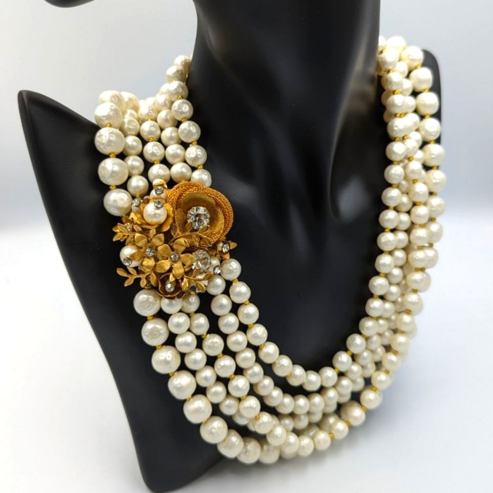 Miriam Haskell Unsigned Multi Strand Faux Pearl Ornate Gold floral & Rhinestone